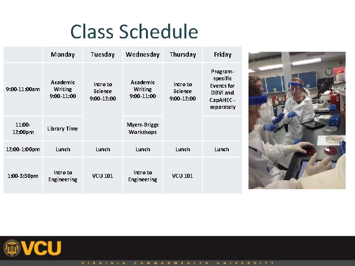 Class Schedule Monday Tuesday Wednesday Friday Intro to Science 9: 00 -12: 00 Programspecific