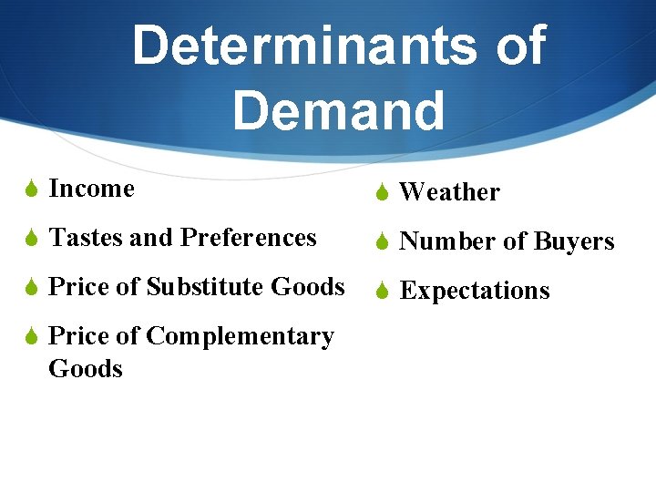 Determinants of Demand S Income S Weather S Tastes and Preferences S Number of