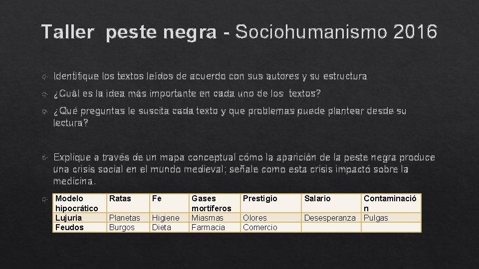 Taller peste negra - Sociohumanismo 2016 Identifique los textos leídos de acuerdo con sus