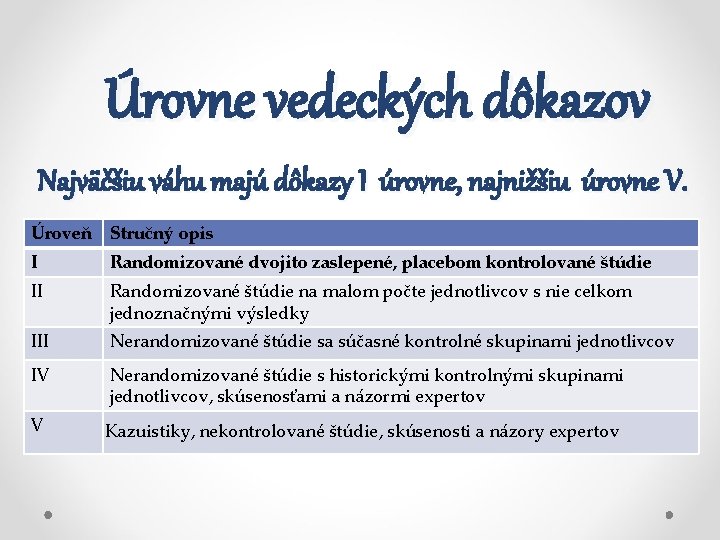  Úrovne vedeckých dôkazov Najväčšiu váhu majú dôkazy I úrovne, najnižšiu úrovne V. Úroveň