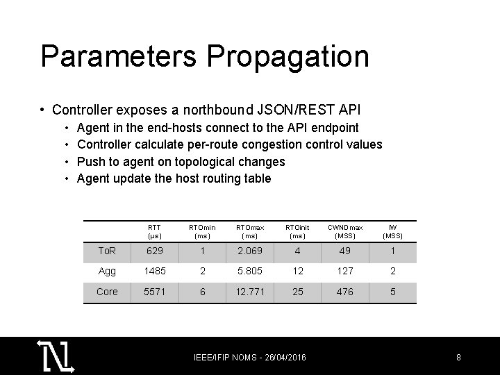 Parameters Propagation • Controller exposes a northbound JSON/REST API • • Agent in the