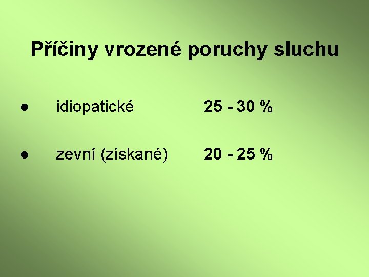 Příčiny vrozené poruchy sluchu ● idiopatické 25 - 30 % ● zevní (získané) 20