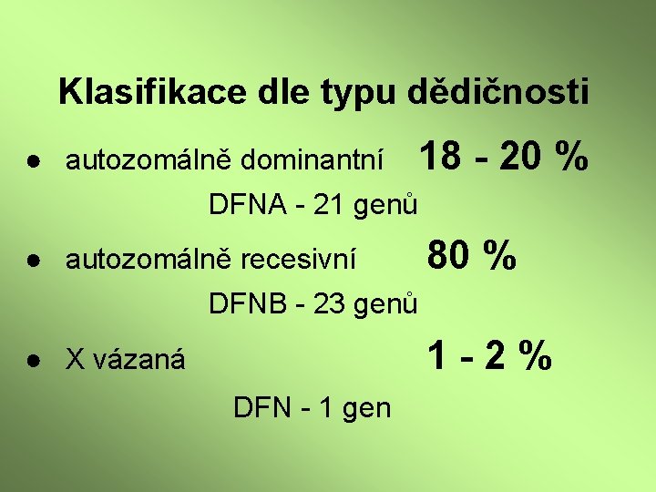 Klasifikace dle typu dědičnosti ● autozomálně dominantní 18 - 20 % DFNA - 21