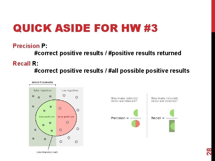 QUICK ASIDE FOR HW #3 Precision P: #correct positive results / #positive results returned