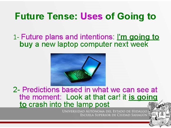 Future Tense: Uses of Going to 1 - Future plans and intentions: I'm going