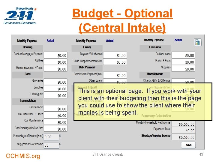 Budget - Optional (Central Intake) This is an optional page. If you work with