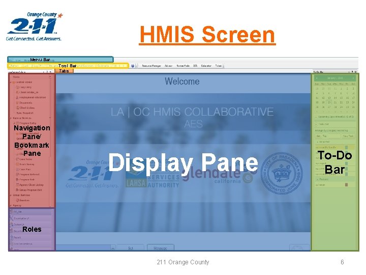 HMIS Screen Menu Bar Tool Bar Tabs Navigation Pane/ Bookmark Pane Display Pane To-Do