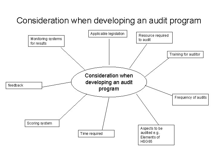 Consideration when developing an audit program Applicable legislation Monitoring systems for results Resource required