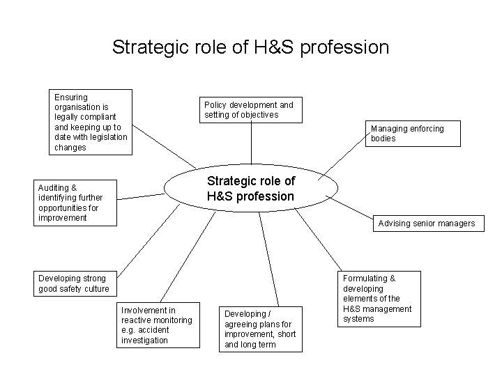 Strategic role of H&S profession Ensuring organisation is legally compliant and keeping up to