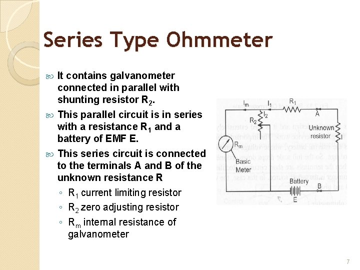 Series Type Ohmmeter It contains galvanometer connected in parallel with shunting resistor R 2.