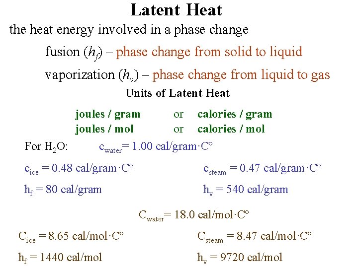 Latent Heat the heat energy involved in a phase change fusion (hf) – phase