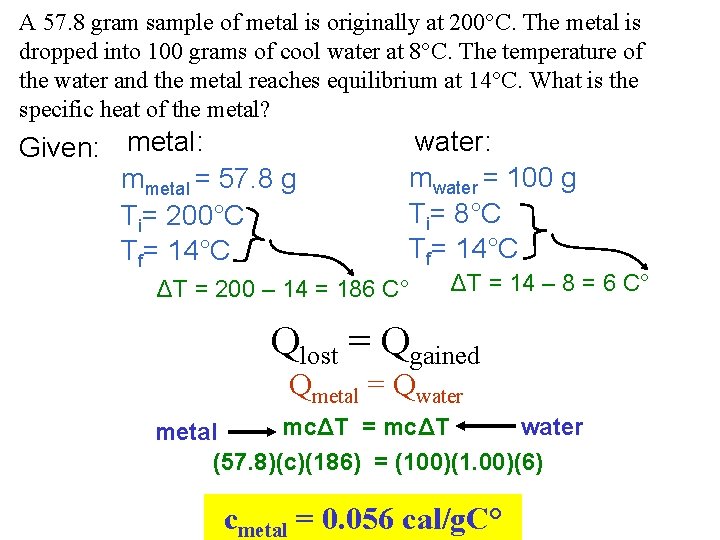 A 57. 8 gram sample of metal is originally at 200°C. The metal is