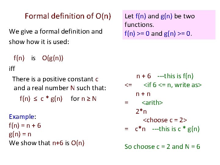 Formal definition of O(n) We give a formal definition and show it is used: