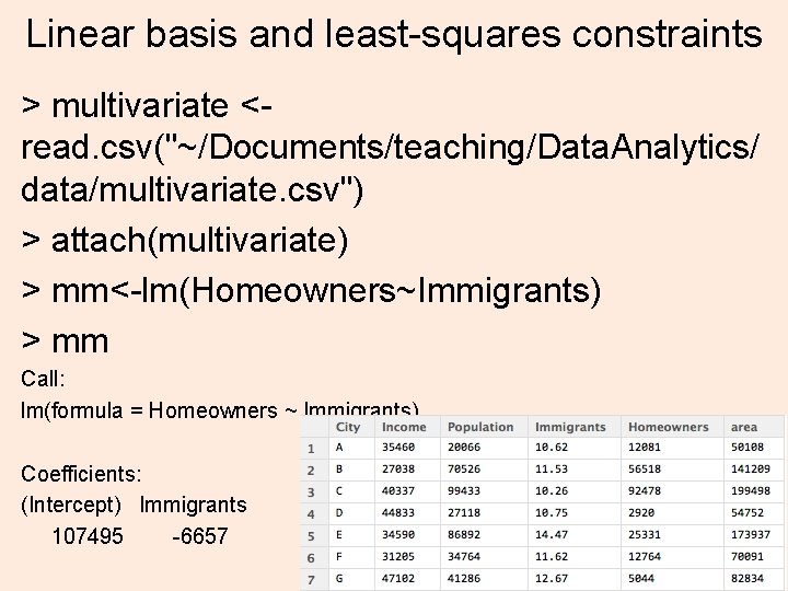 Linear basis and least-squares constraints > multivariate <read. csv("~/Documents/teaching/Data. Analytics/ data/multivariate. csv") > attach(multivariate)