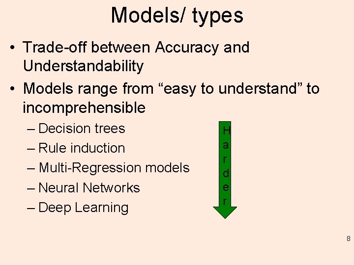 Models/ types • Trade-off between Accuracy and Understandability • Models range from “easy to