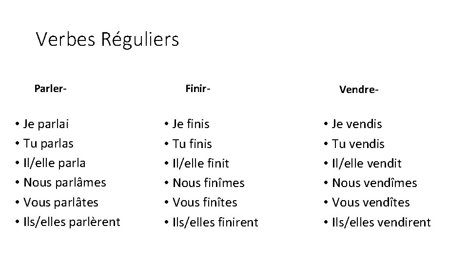 Verbes Réguliers Parler- • Je parlai • Tu parlas • Il/elle parla • Nous