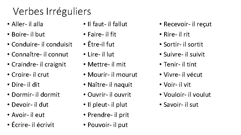 Verbes Irréguliers • Aller- il alla • Boire- il but • Conduire- il conduisit