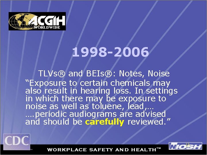 1998 -2006 TLVs® and BEIs®: Notes, Noise “Exposure to certain chemicals may also result