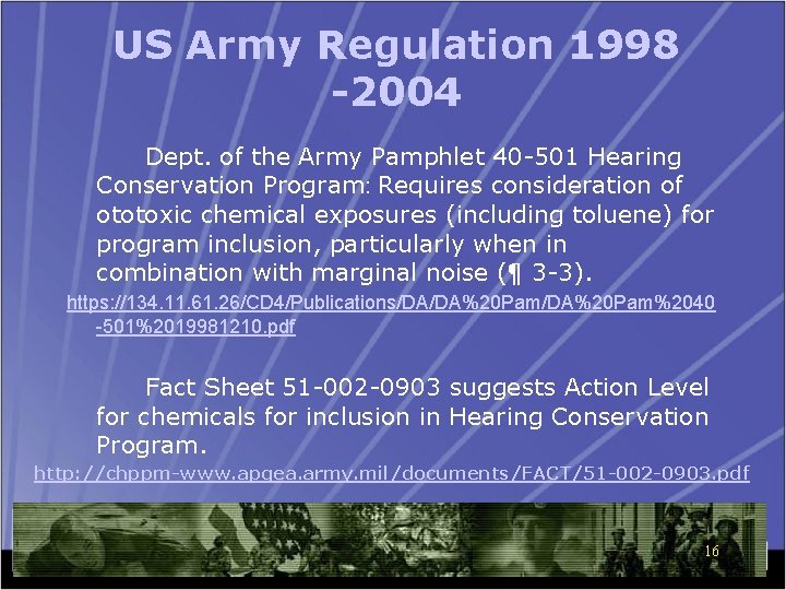 US Army Regulation 1998 -2004 Dept. of the Army Pamphlet 40 -501 Hearing Conservation