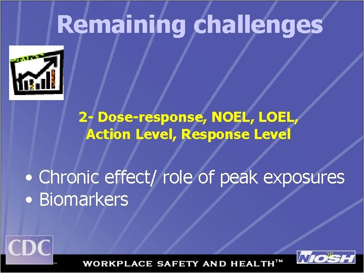 Remaining challenges 2 - Dose-response, NOEL, LOEL, Action Level, Response Level • Chronic effect/