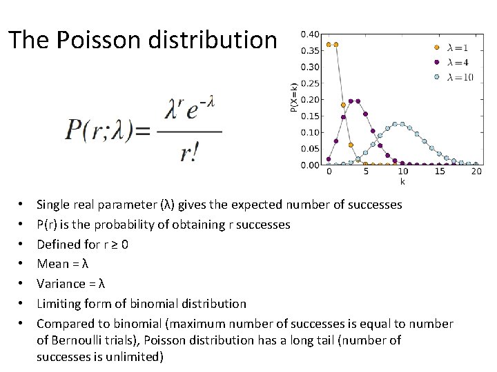 The Poisson distribution • • Single real parameter (λ) gives the expected number of