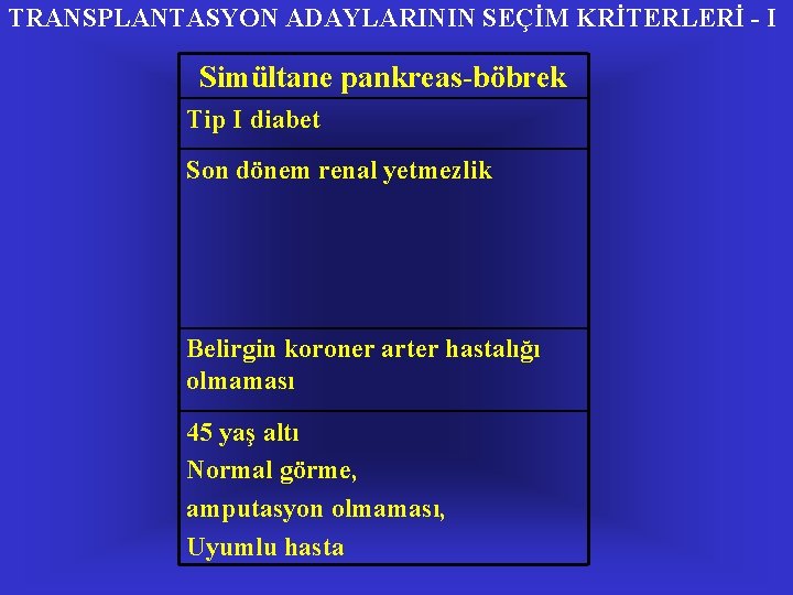 TRANSPLANTASYON ADAYLARININ SEÇİM KRİTERLERİ - I Simültane pankreas-böbrek Tip I diabet Son dönem renal