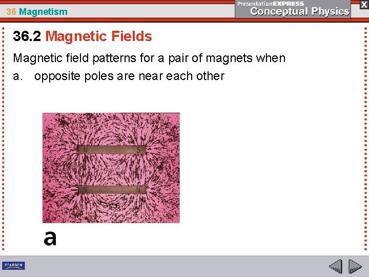 36 Magnetism 36. 2 Magnetic Fields Magnetic field patterns for a pair of magnets