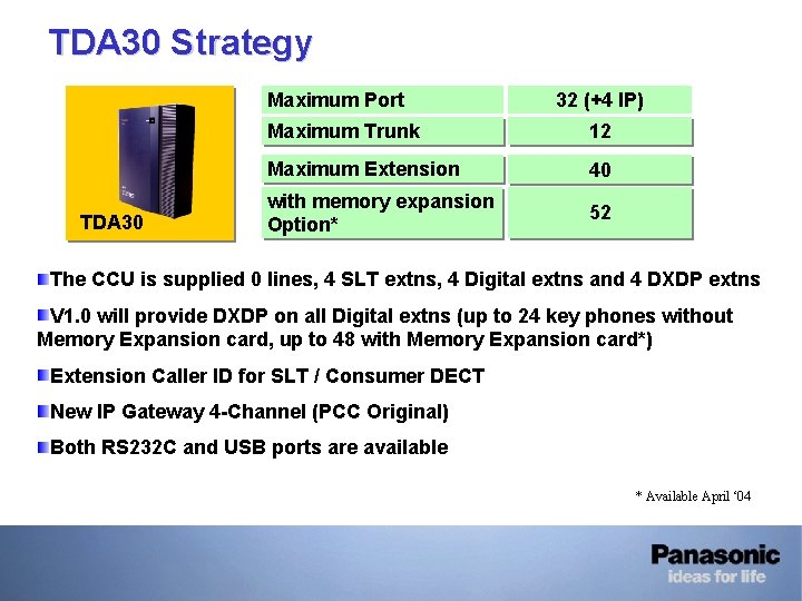 TDA 30 Strategy Maximum Port TDA 30 32 (+4 IP) Maximum Trunk 12 Maximum