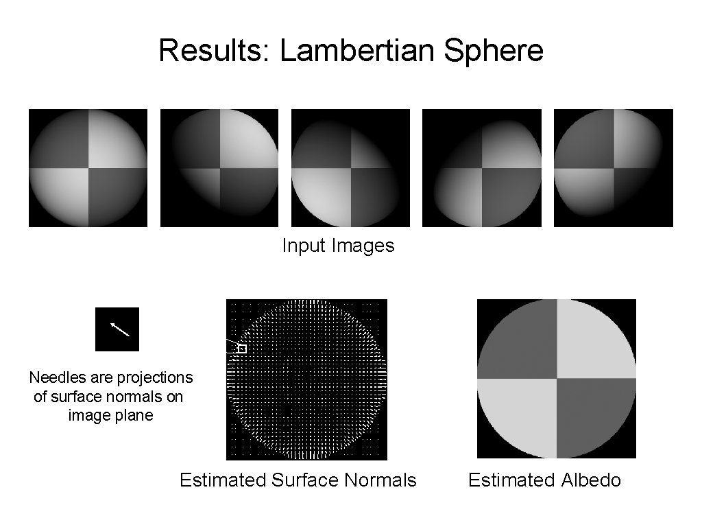 Results: Lambertian Sphere Input Images Needles are projections of surface normals on image plane