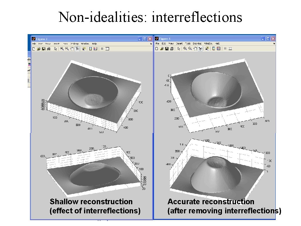 Non-idealities: interreflections Shallow reconstruction (effect of interreflections) Accurate reconstruction (after removing interreflections) 