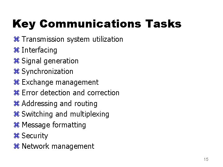 Key Communications Tasks z Transmission system utilization z Interfacing z Signal generation z Synchronization