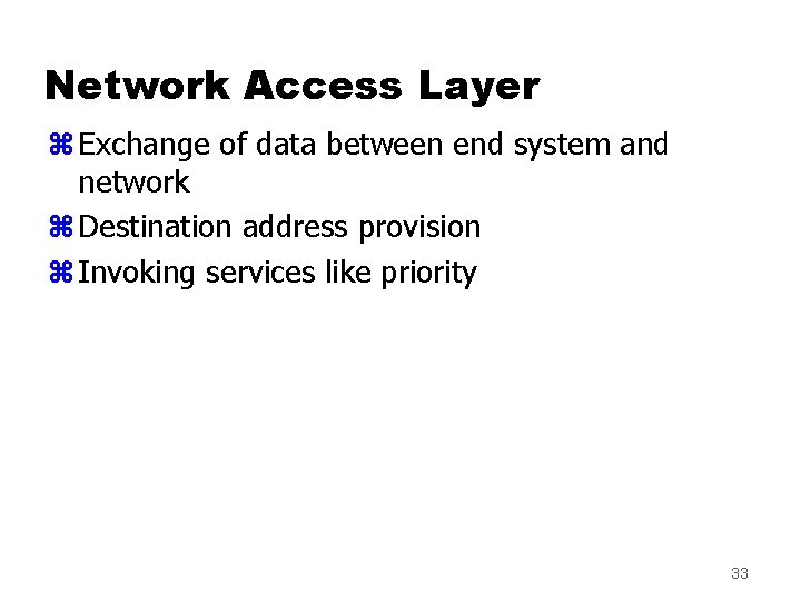 Network Access Layer z Exchange of data between end system and network z Destination