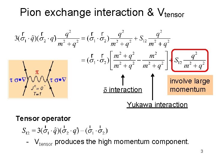 Pion exchange interaction & Vtensor d interaction involve large momentum Yukawa interaction Tensor operator