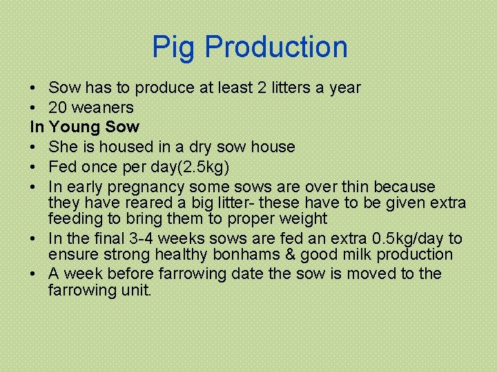 Pig Production • Sow has to produce at least 2 litters a year •