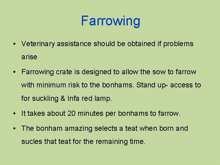 Farrowing • Veterinary assistance should be obtained if problems arise • Farrowing crate is