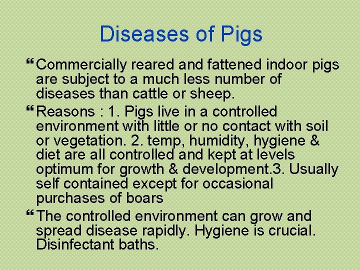 Diseases of Pigs Commercially reared and fattened indoor pigs are subject to a much