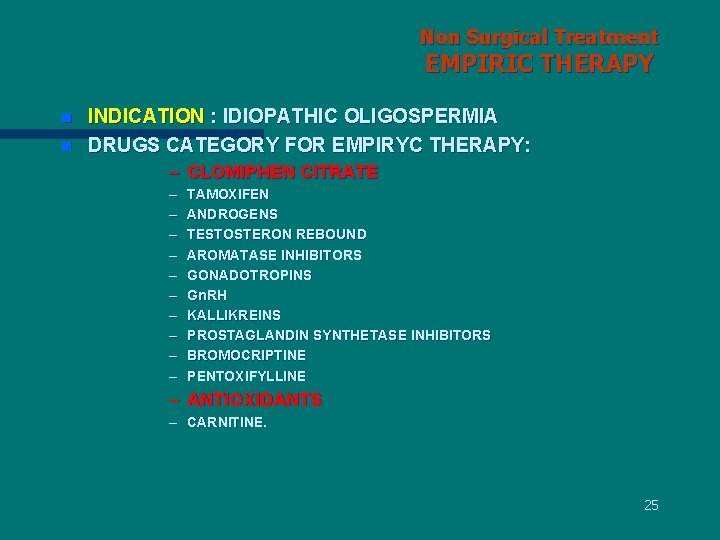 Non Surgical Treatment EMPIRIC THERAPY n n INDICATION : IDIOPATHIC OLIGOSPERMIA DRUGS CATEGORY FOR