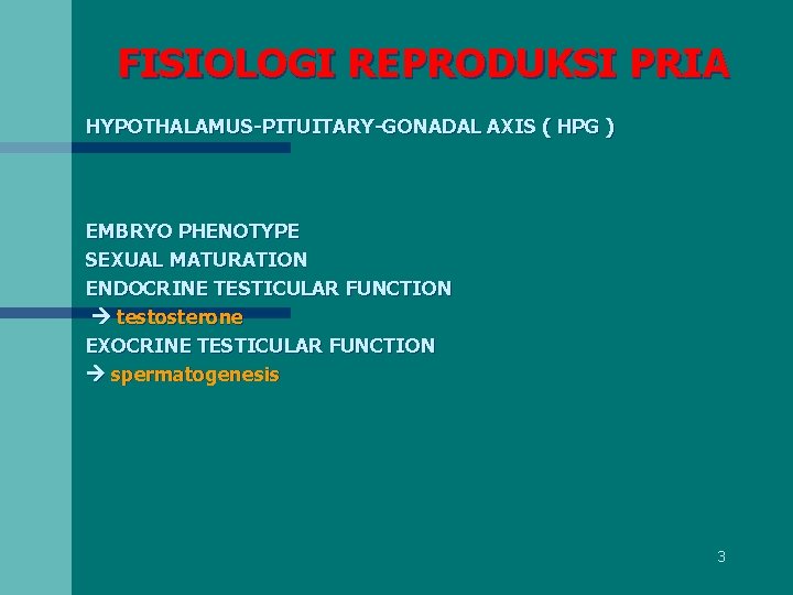 FISIOLOGI REPRODUKSI PRIA HYPOTHALAMUS-PITUITARY-GONADAL AXIS ( HPG ) EMBRYO PHENOTYPE SEXUAL MATURATION ENDOCRINE TESTICULAR