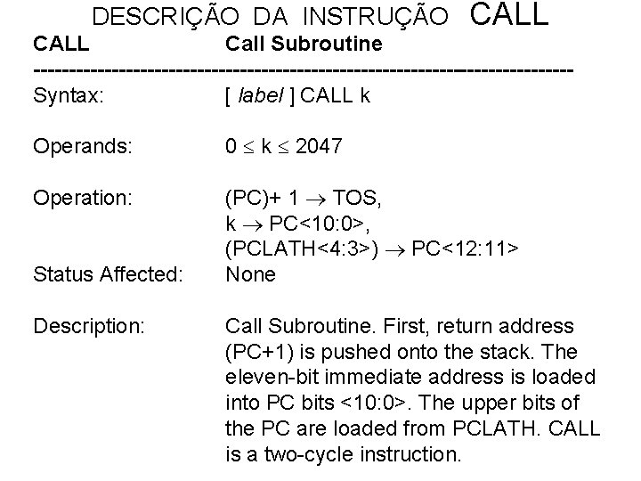 DESCRIÇÃO DA INSTRUÇÃO CALL Call Subroutine --------------------------------------Syntax: [ label ] CALL k Operands: 0