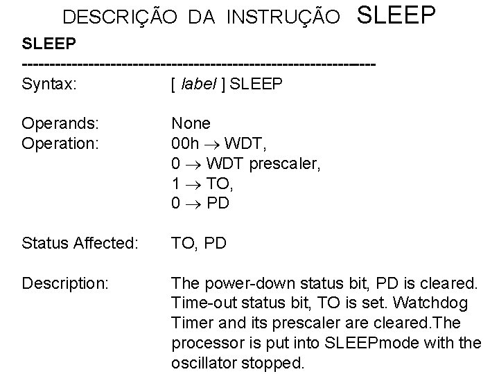 DESCRIÇÃO DA INSTRUÇÃO SLEEP --------------------------------Syntax: [ label ] SLEEP Operands: Operation: None 00 h