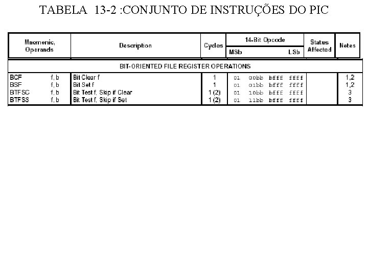 TABELA 13 -2 : CONJUNTO DE INSTRUÇÕES DO PIC 