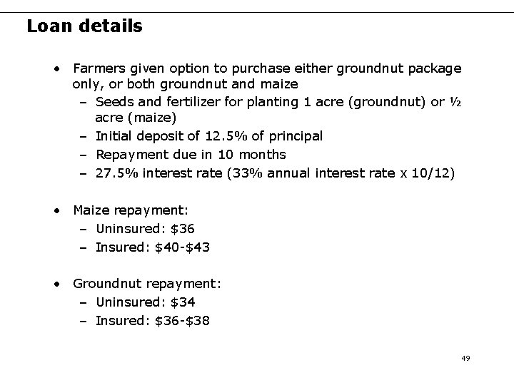 Loan details • Farmers given option to purchase either groundnut package only, or both