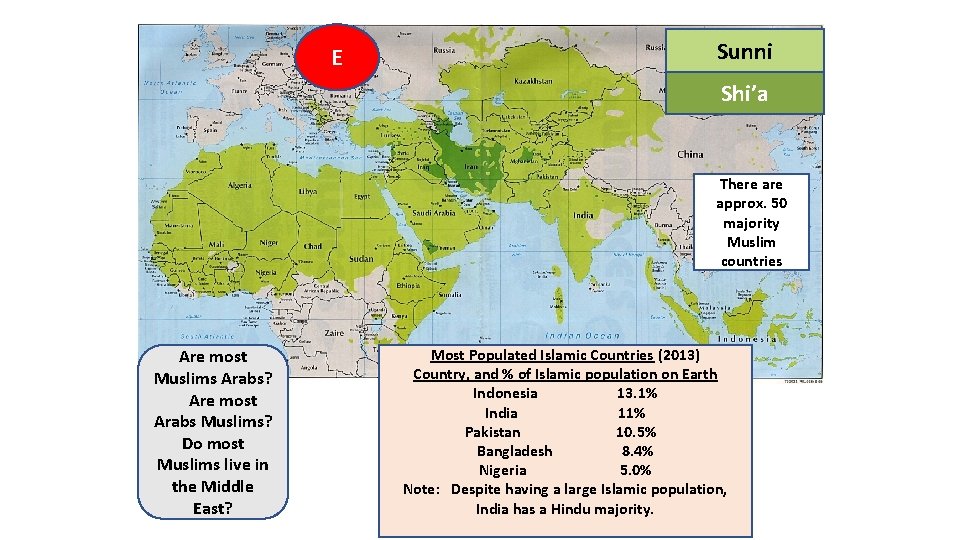 E Sunni SUNI Shi’a There approx. 50 majority Muslim countries Are most Muslims Arabs?