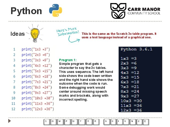 Python Ideas This is the same as the Scratch 3 x table program. It