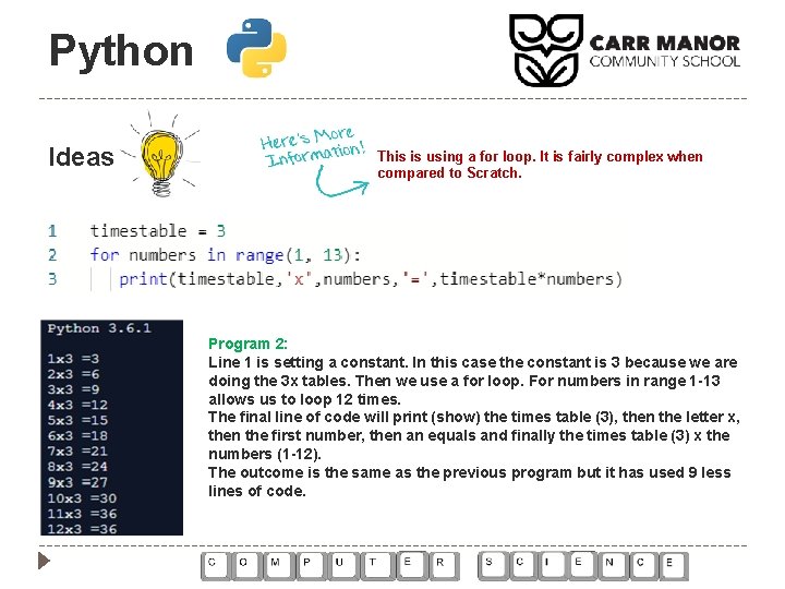 Python Ideas This is using a for loop. It is fairly complex when compared