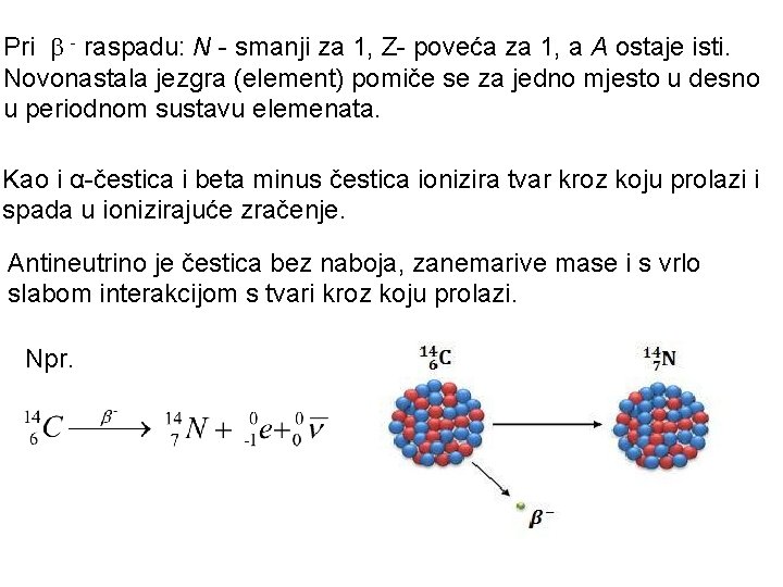 Pri - raspadu: N - smanji za 1, Z- poveća za 1, a A