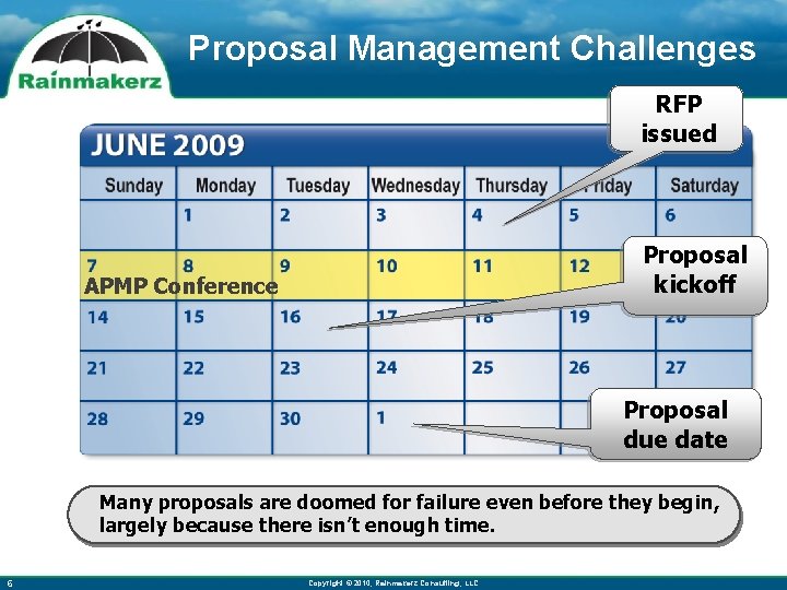 Proposal Management Challenges RFP issued Proposal kickoff APMP Conference Proposal due date Many proposals