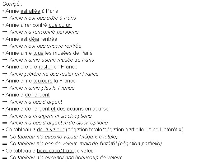 Corrigé : • Annie est allée à Paris Annie n’est pas allée à Paris