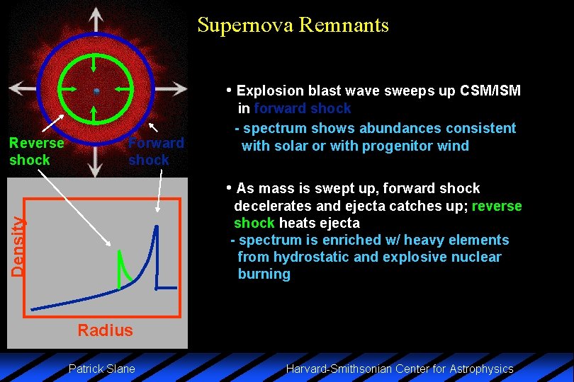 Supernova Remnants • Explosion blast wave sweeps up CSM/ISM Reverse shock Forward shock in