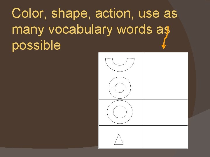 Color, shape, action, use as many vocabulary words as possible 